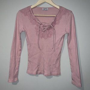 Dusty Mauve Pink Crochet Lace Ribbed Front Lace Up Long Sleeve Shirt